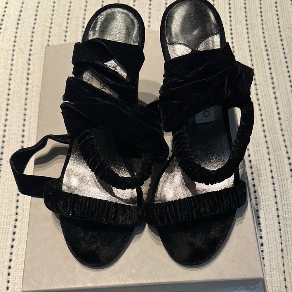 Black Plush Strap Sandals with Silver Sole
